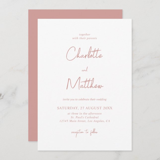 Dusty Rose Calligraphy Details on Back Wedding Invitation (Front/Back)