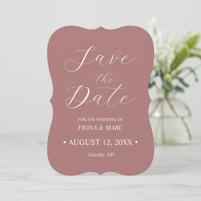 Dusty rose calligraphy wedding save the date card (Standing Front)
