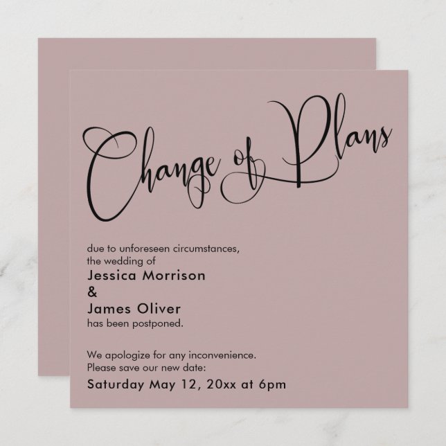 Dusty Rose Change of Plans Postponed Wedding Card (Front/Back)