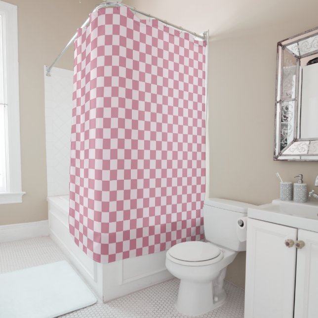 Dusty rose checkerboard pattern shower curtain (In Situ)
