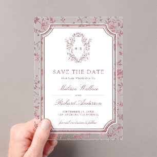 Dusty Rose Chinoiserie Crest Wedding Save the Date Acrylic Invitations