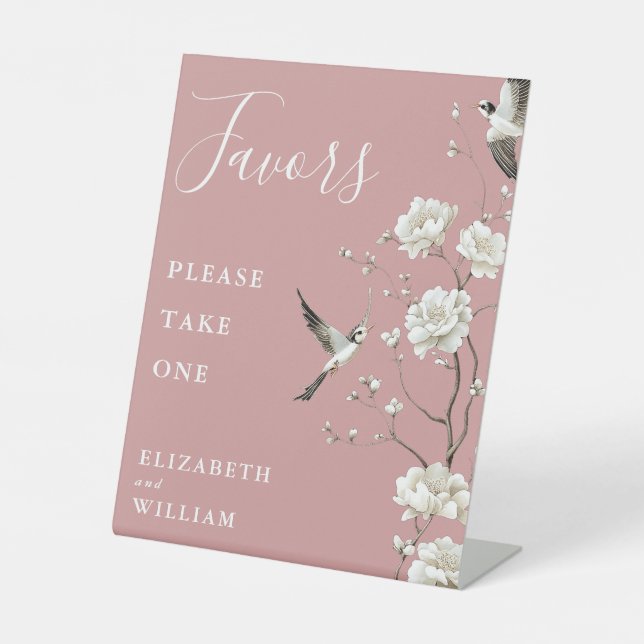 Dusty Rose Chinoiserie Floral Favours Wedding Pedestal Sign (Front)