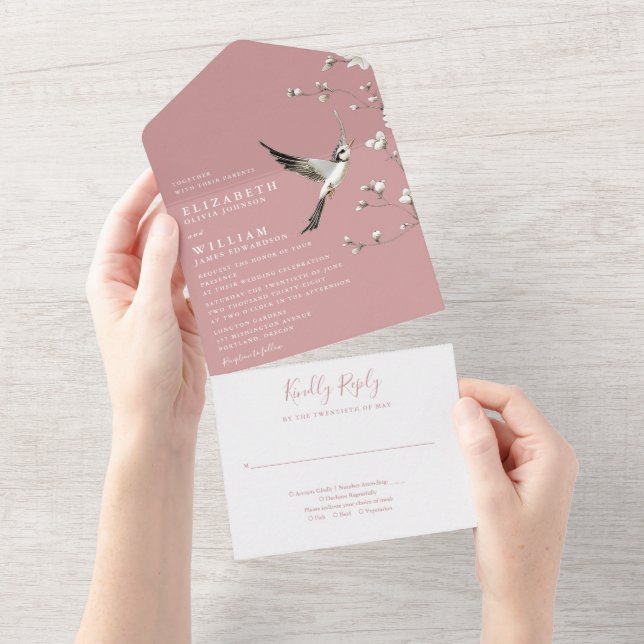 Dusty Rose Chinoiserie Floral Garden Wedding All In One Invitation (Tearaway)