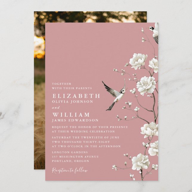 Dusty Rose Chinoiserie Floral Garden Wedding Photo Invitation (Front/Back)