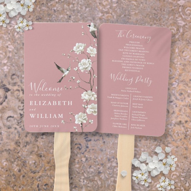 Dusty Rose Chinoiserie Floral Wedding Program Hand Fan (Dusty Rose Chinoiserie Floral Wedding Program Hand Fan)