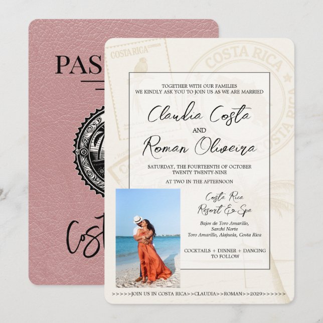 Dusty Rose Costa Rica Passport Wedding Invitation (Front/Back)