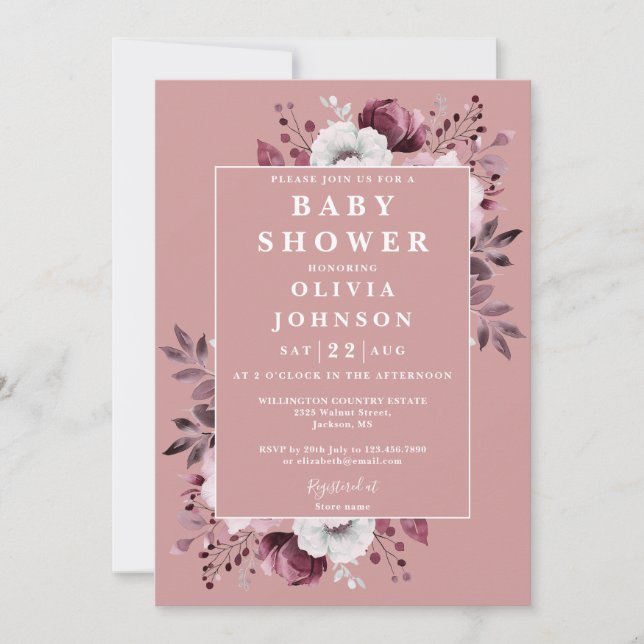 Dusty Rose Country Floral All In One Baby Shower Invitation (Front)