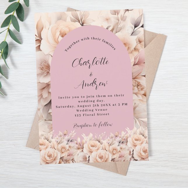 Dusty rose cream floral arch elegant wedding invitation (Creator Uploaded)
