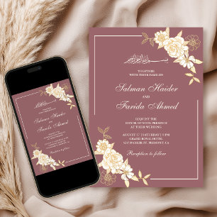 Dusty Rose Cream Floral Branch Muslim Wedding Invitation