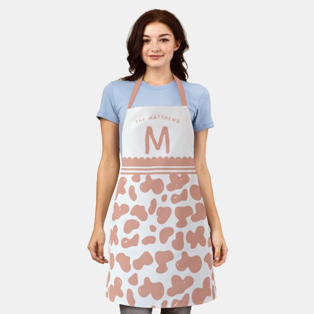 Dusty Rose Custom Name & Monogram Cow Pattern Apron (Worn)