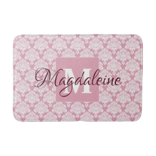Dusty Rose Damask Bath Mat with Monogram & Name
