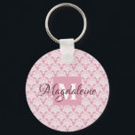 Dusty Rose Damask Lace Pattern Monogram & Name Key Ring<br><div class="desc">This beautiful keychain features a classic white damask pattern over a dusty rose or pink background. The design is personalised with a monogram initial letter as well as a customisable name for a simple yet elegant look. Perfect gift for any woman who wants a personalised keychain.</div>