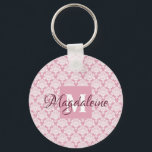 Dusty Rose Damask Lace Pattern Monogram & Name Key Ring<br><div class="desc">This beautiful keychain features a classic white damask pattern over a dusty rose or pink background. The design is personalised with a monogram initial letter as well as a customisable name for a simple yet elegant look. Perfect gift for any woman who wants a personalised keychain.</div>