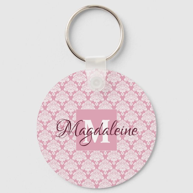 Dusty Rose Damask Lace Pattern Monogram & Name Key Ring (Front)