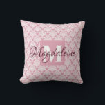 Dusty Rose Damask Pillow with Monogram & Name<br><div class="desc">This beautiful pillow features a classic white damask pattern over a dusty rose or pink background. The design is personalised with a monogram initial letter as well as a customisable name. Perfect addition to a dorm room,  bedroom,  or any room where you want a simple,  elegant style.</div>