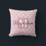 Dusty Rose Damask Pillow with Monogram & Name<br><div class="desc">This beautiful pillow features a classic white damask pattern over a dusty rose or pink background. The design is personalised with a monogram initial letter as well as a customisable name. Perfect addition to a dorm room,  bedroom,  or any room where you want a simple,  elegant style.</div>