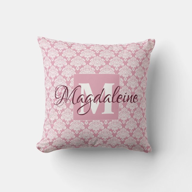Dusty Rose Damask Pillow with Monogram & Name (Front)