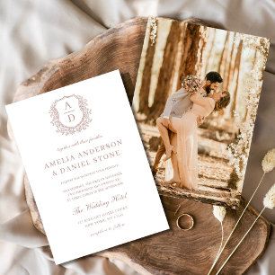 Dusty Rose Elegant Floral Crest Monogram Wedding  Invitation