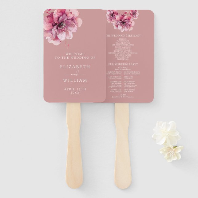 Dusty Rose Elegant Floral Wedding Program Hand Fan (Front and Back)