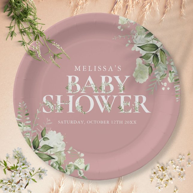 Dusty Rose Elegant Greenery Girl Baby Shower Paper Plate (Creator Uploaded)