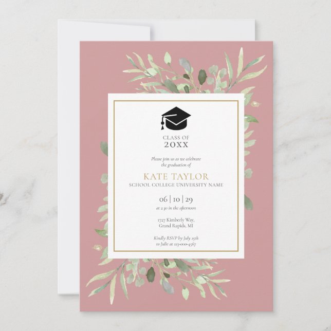 Dusty Rose Elegant Greenery Photo Graduation Party Invitation (Front)
