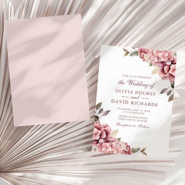 Dusty Rose Elegant Hydrangea Wedding Invitation (Dusty Rose Elegant Hydrangea Wedding Invitation on a sunny neutral dry palm leaf.)