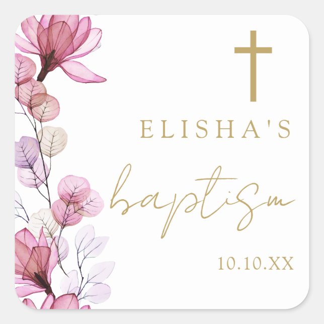 Dusty Rose Elegant Modern Floral Baptism Square Sticker (Front)