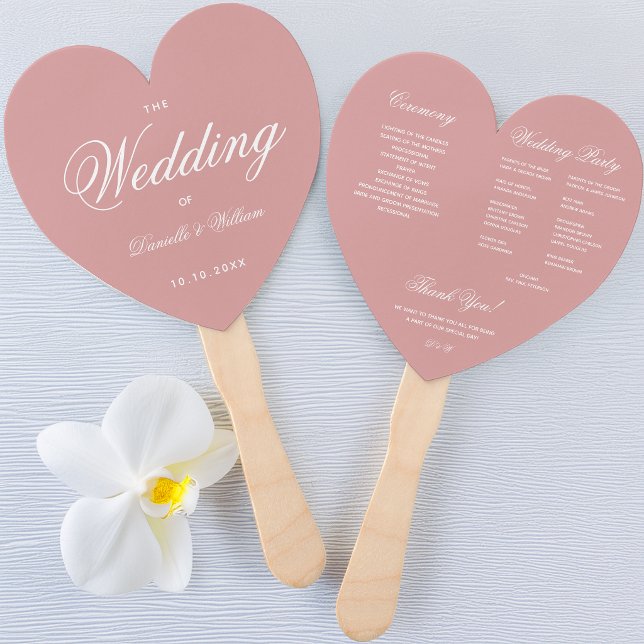 Dusty Rose Elegant Script Heart Wedding Program Hand Fan (Creator Uploaded)