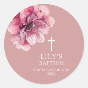 Dusty Rose Elegant Watercolor Floral Baptism Classic Round Sticker
