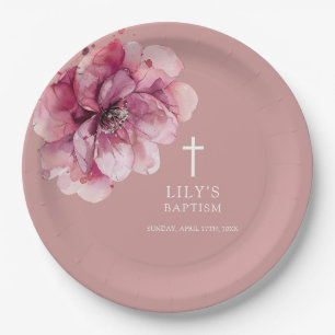 Dusty Rose Elegant Watercolor Floral Baptism Paper Plate