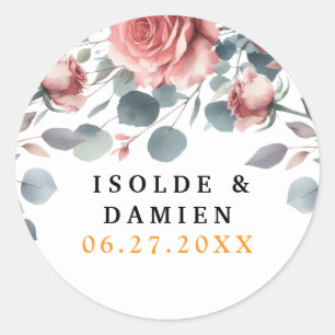 Dusty Rose ElegantPink Mauve Greenery Floral Gold Classic Round Sticker