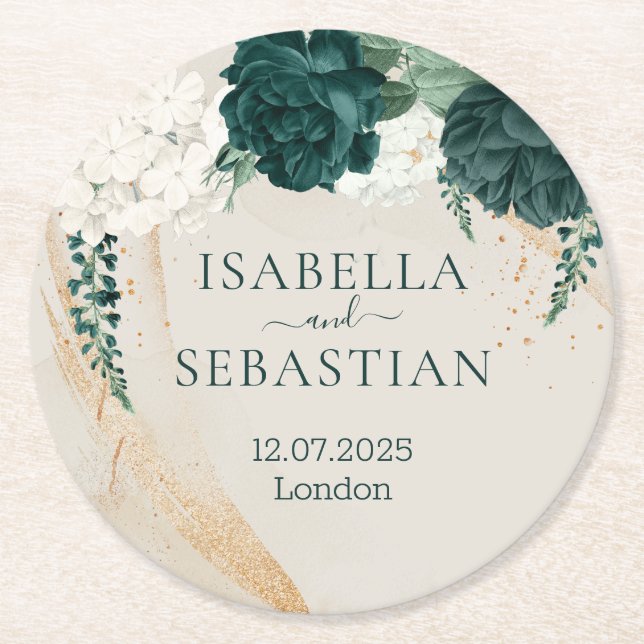 Dusty Rose Emerald Botanical Wedding Round Paper Coaster (Front)