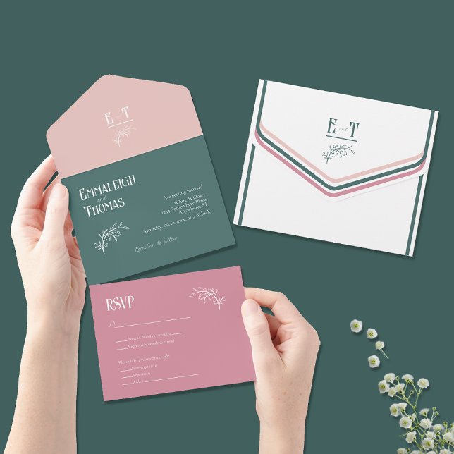 Dusty Rose Emerald Green Simple Modern Wedding All In One Invitation (Creator Uploaded)