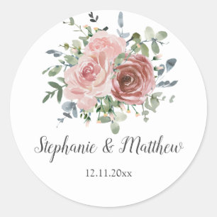 Dusty Rose Eucalyptus Botanical Floral Wedding Classic Round Sticker