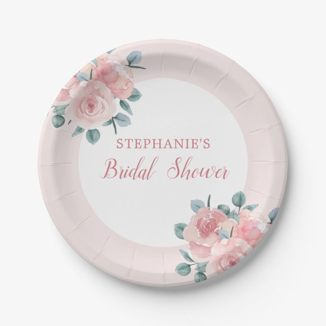 Dusty Rose Eucalyptus Floral Elegant Bridal Shower Paper Plate (Front)