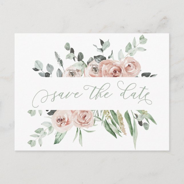Dusty Rose Eucalyptus Greenery Save The Date Announcement Postcard (Front)