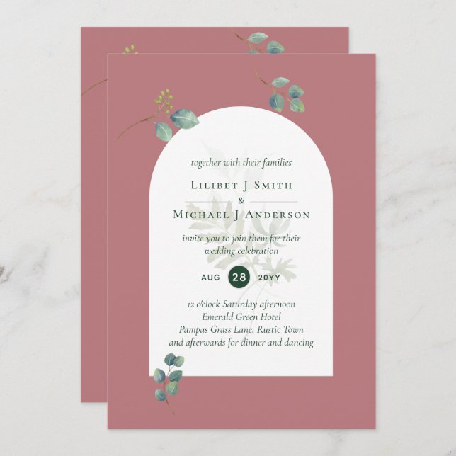Dusty Rose Eucalyptus Greenery Wedding Arch Invitation (Front/Back)