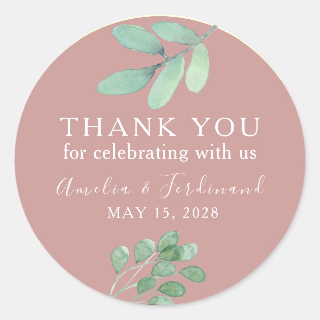 Dusty Rose Eucalyptus Wedding Thank You Sticker (Front)