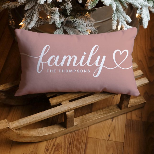 Dusty Rose Family Heart Script Monogram Lumbar Cushion (Creator Uploaded)
