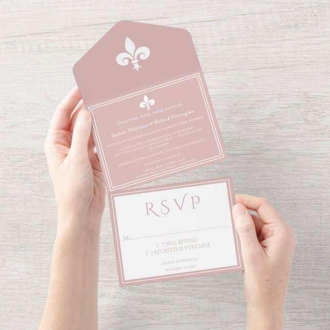 Dusty Rose Fleur de Lis All in One Wedding Invite (Tearaway)