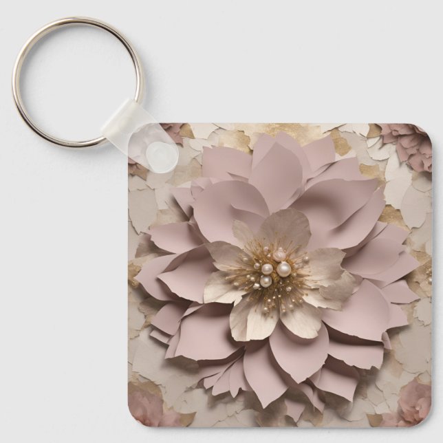 Dusty Rose Floral Aluminium Square Keychain (Front)