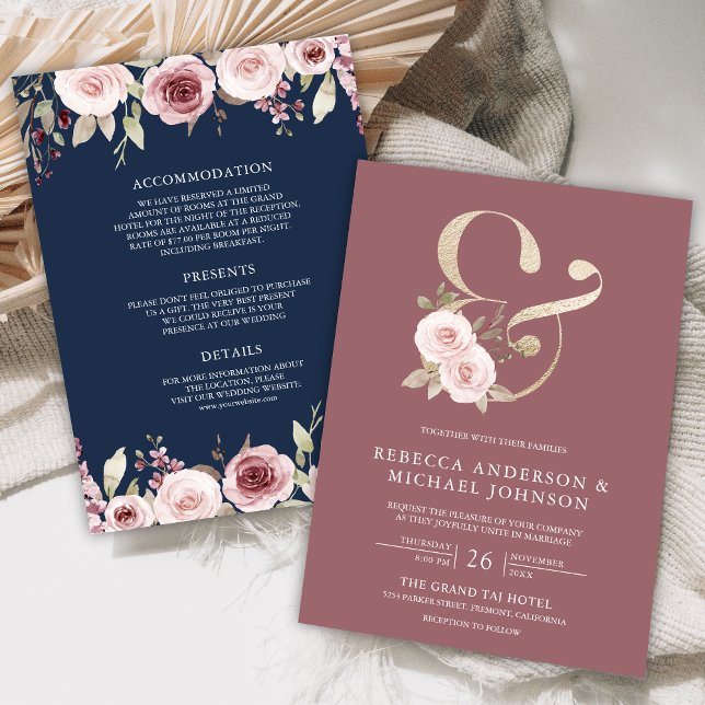 Dusty Rose Floral Ampersand Navy Blue Wedding Invitation (Creator Uploaded)