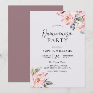 Dusty Rose Floral Blush Pink Quinceanera Party Invitation