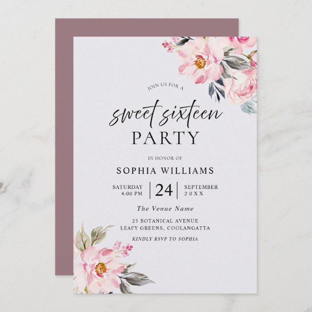 Dusty Rose Floral Blush Pink Sweet 16 Invitation (Front/Back)