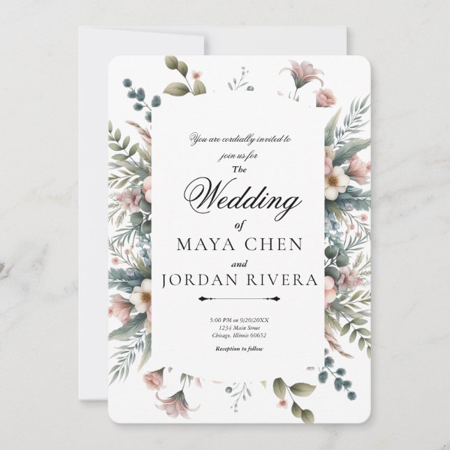 Dusty Rose Floral Botanical Border Elegant Script Invitation (Front)