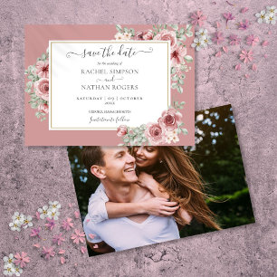 Dusty Rose Floral Botanical Photo Wedding Save The Date