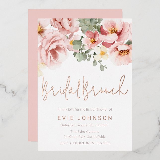 Dusty Rose Floral Bridal Shower Brunch Rose Gold (Front/Back)