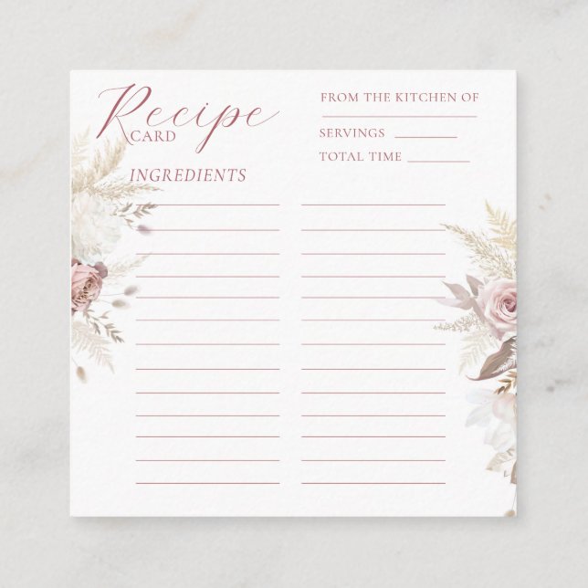 Dusty Rose Floral Bridal Shower Recipe Card Insert (Back)