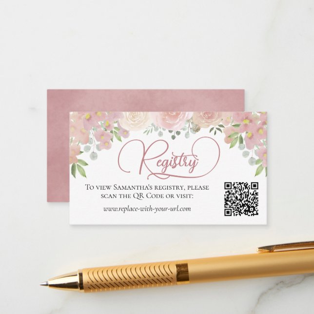 Dusty Rose Floral Bridal Shower Registry QR Code Enclosure Card (Front/Back In Situ)