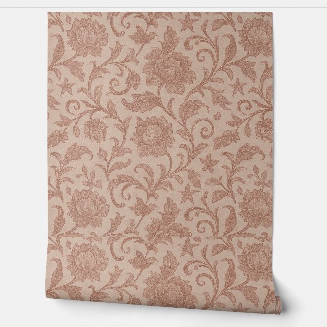 Dusty Rose Floral Brocade Pattern Wallpaper (Unrolling)